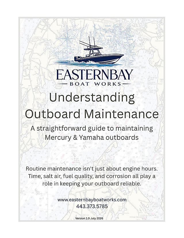 The cover of Understanding Outboard Maintenance, the Eastern Bay Boat Works guide to maintaining Mercury and Yamaha outboards