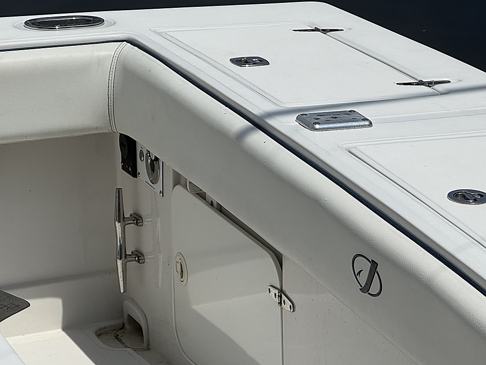 The cockpit corner of the boat, with the flushing panel set into the side beside a cleat