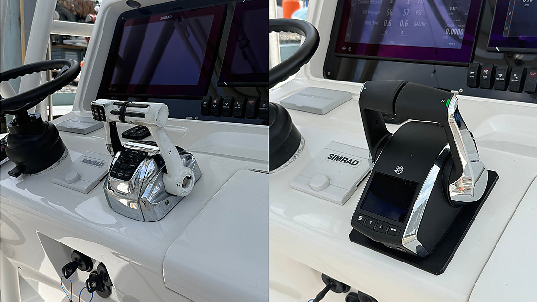 A finished helm with multifunction displays and Mercury controls
