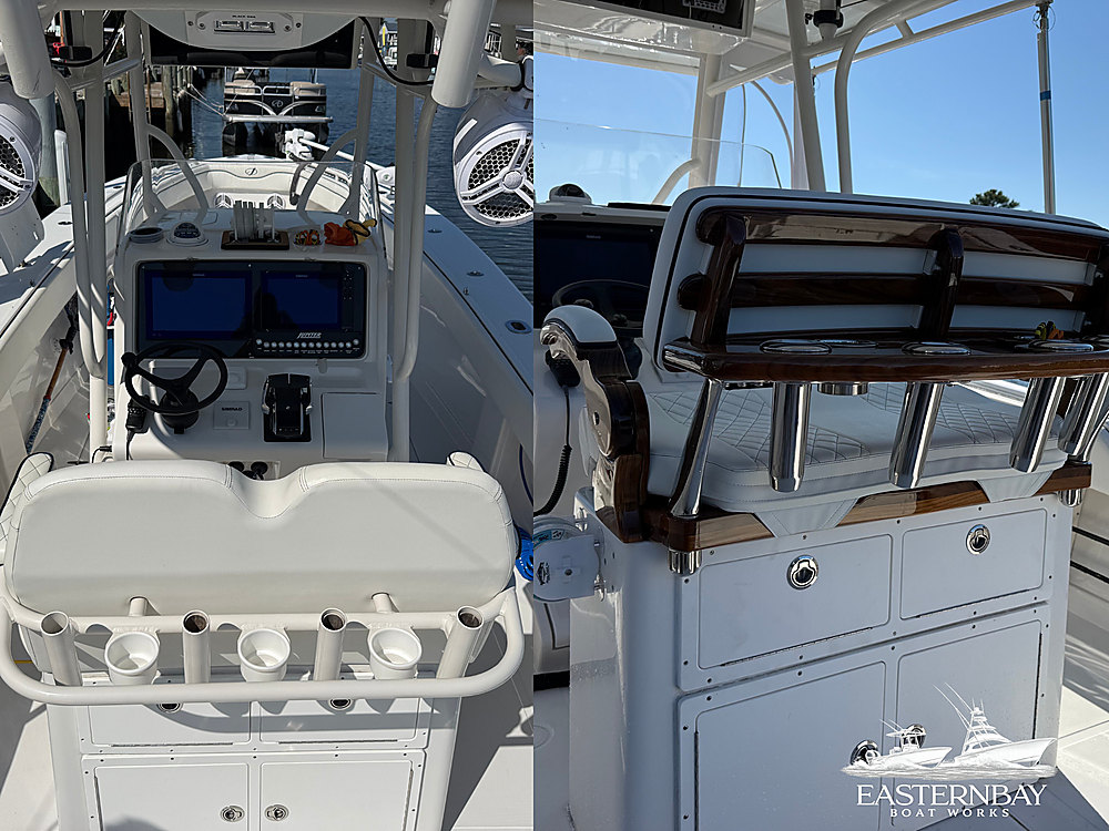 A helm with Release Marine seating and a custom rocket launcher installed by Eastern Bay Boat Works