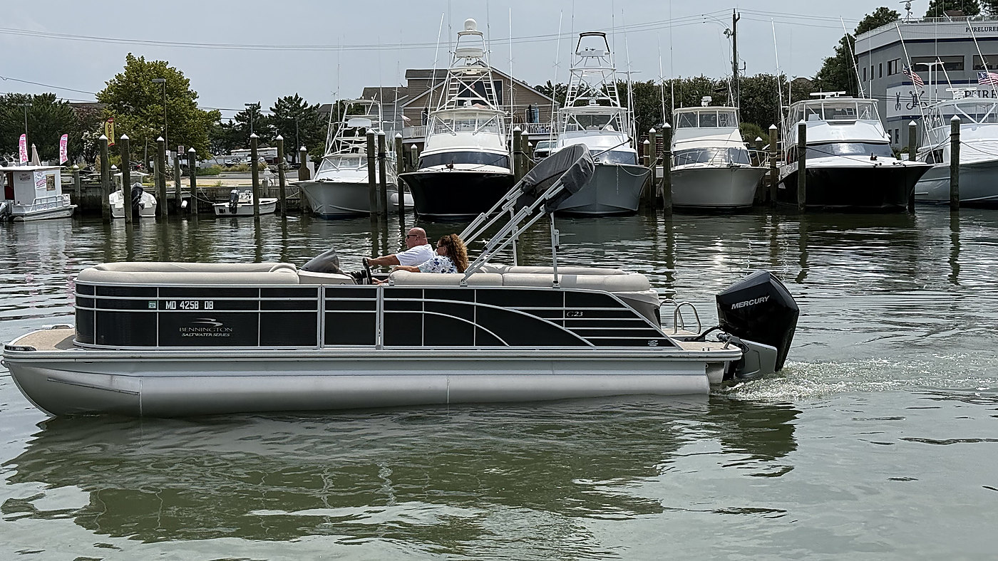 A boat on the water after a complete Mercury repower by Eastern Bay Boat Works